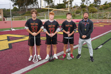 Torrey Pines High School Lacrosse Team Captains Joey Levenberg, John Prior, and Reid Habbas with Coach Jono Zissi