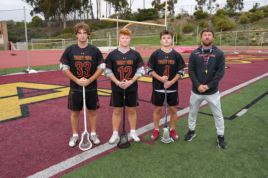 Torrey Pines High School Lacrosse Team Captains Joey Levenberg, John Prior, and Reid Habbas with Coach Jono Zissi