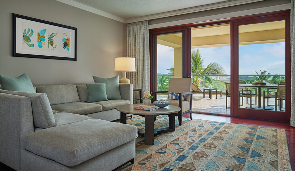 The resort offers a range of residential-style accommodations including this three-bedroom suite with a spacious living room, kitchen, and lanai