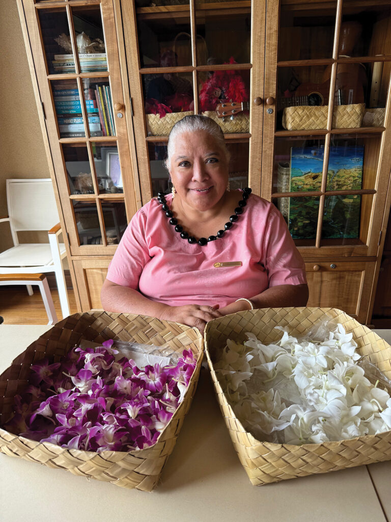 Silla, a longtime “Cultural Ambassador” at the resort, teaches guests how to make leis, the traditional Hawaiian symbol of welcome