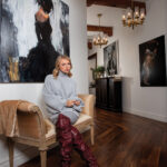Sweater, pants, boots, Balmain, South Coast Plaza. Grey South Sea baroque pearl earrings on a diamond wire, Tahitian South Sea pearl ring surrounded by heart-shaped diamonds, John Matty Co.; Paintings L-R, The Weight of Silence, Light in the Silver Lining, Butterfly, all by Jay Johansen