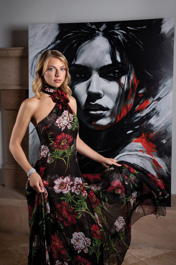 Dress, Oscar de la Renta, South Coast Plaza. Diamond bracelet totaling 30 carats in 18K white gold, John Matty Co.; Painting, Passion by Jay Johansen