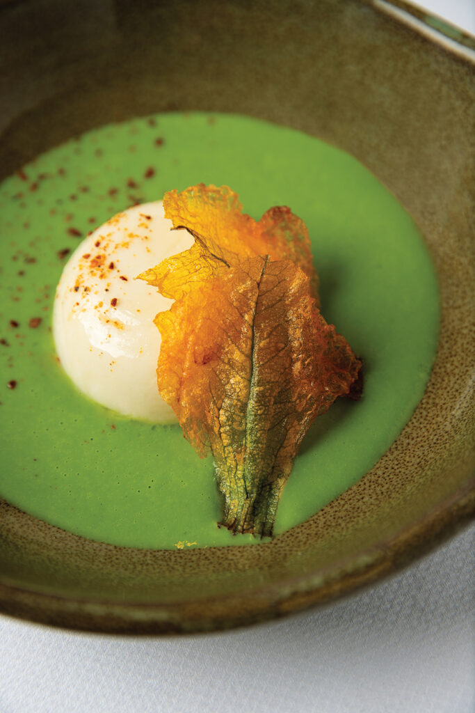 Scallop Mousse, Crispy Squash Blossom, Zucchini Velouté