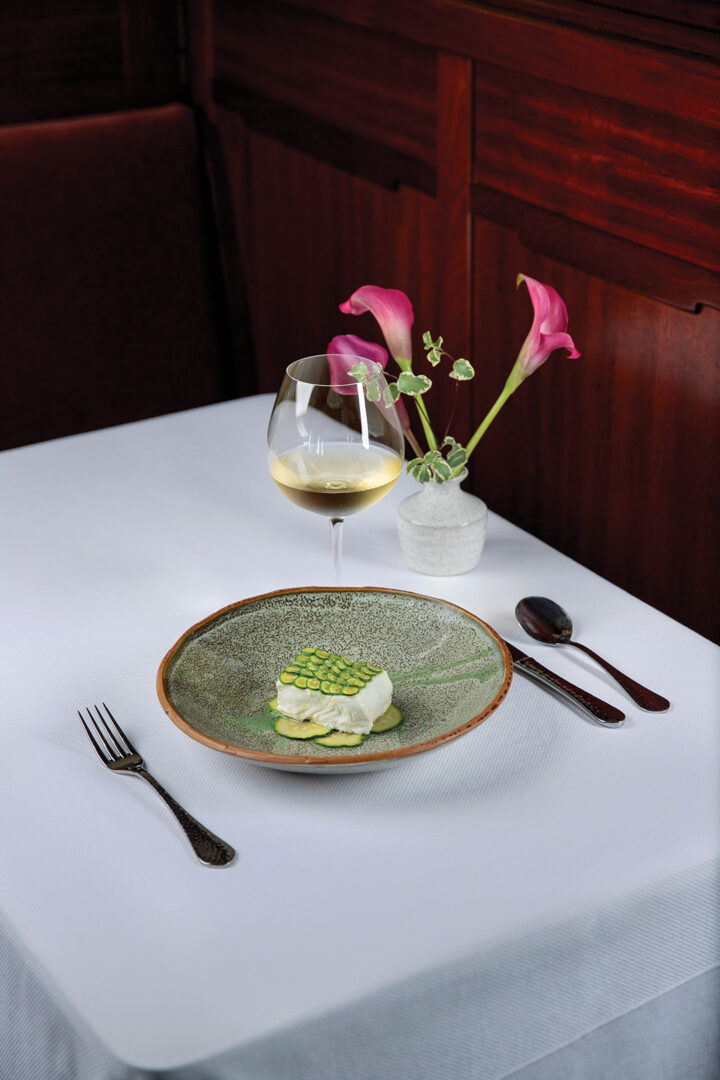 Northern Halibut in Saffron Broth, Coriander, Lightly Pickled Costata Romanesco