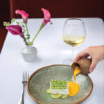 Northern Halibut in Saffron Broth, Coriander, Lightly Pickled Costata Romanesco