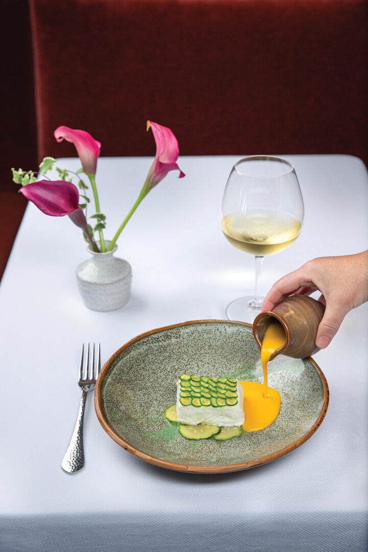 Northern Halibut in Saffron Broth, Coriander, Lightly Pickled Costata Romanesco