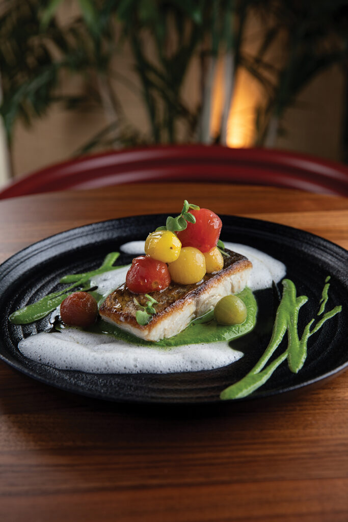 California White Seabass: Zucchini Basil Puree, Confit Cherry Tomatoes, Micro Basil, Mascarpone Emulsion