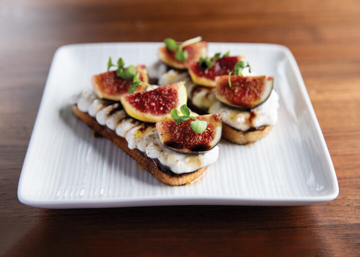 Black Mission Fig Bruschetta: Whipped Burrata, Aged Balsamic, Micro Basil