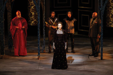 Mike Sears as Cardinal, Ian Lassiter as Gloucester, Elizabeth A. Davis as Margaret, Keshav Moodliar as King Henry VI, and Victor Morris as Salisbury in Henry 6
