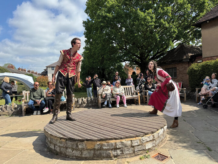 Young thespians reenacting scenes from Much Ado About Nothing on the patio of William Shakespeare’s birthplace
