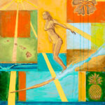 Nathan Gibbs, Aloha from the Islands, 2020. Acrylic, wood stain, and pencil on cradled panel, 38 x 48 in