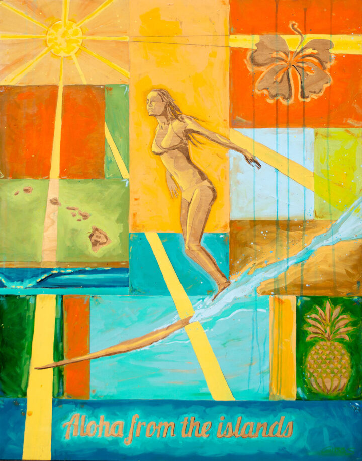 Nathan Gibbs, Aloha from the Islands, 2020. Acrylic, wood stain, and pencil on cradled panel, 38 x 48 in
