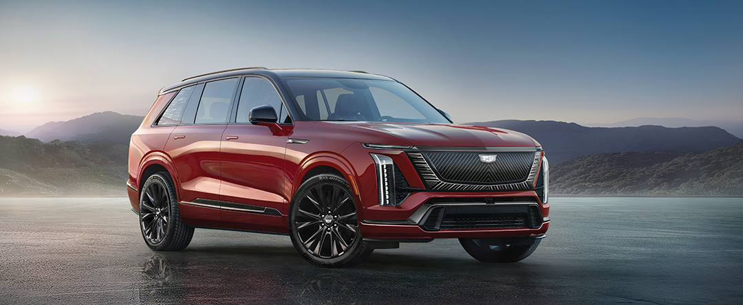 Front 3/4 view of the 2026 Cadillac VISTIQ Platinum trim in Radiant Red