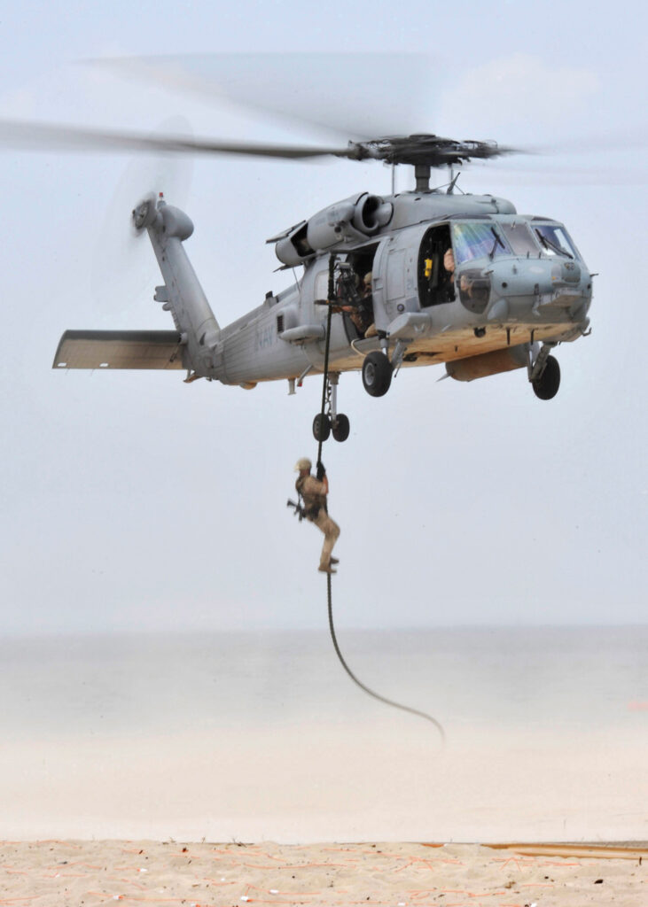 U.S. Navy SEALs fast rope onto the beach during their capabilites exercise Saturday, July 17, 2010 on Joint Expeditionary Base Little Creek, Va. The Naval Special Warfare community displayed its capabilities as part of the 41st UDT-SEAL East Coast Reunion celebrations. Events are planned throughout the weekend to honor UDT/SEAL history, heritage and families. (U.S. Navy Photo by Mass Communications Specialist Chief Robert Fluegel/Released)