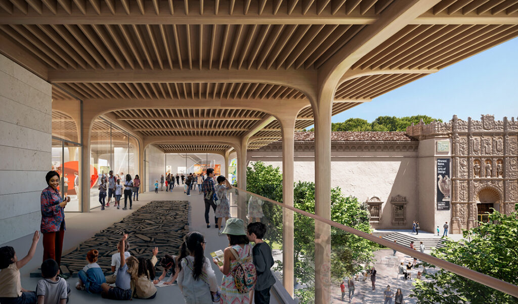 Architectural plans for the SDMA renovation include a wrap-around second floor terrace with views of the park