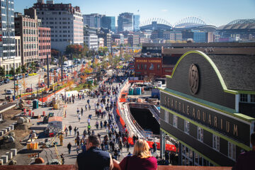 The newly completed Seattle Waterfront Park is a short walk or drive from the city's baseball and football stadiums