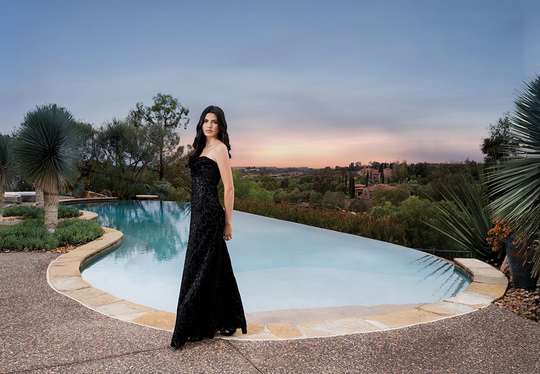 Gown, Finnia Fine Clothing, Flower Hill Promenade, shot on location at The Bridges in Rancho Santa Fe