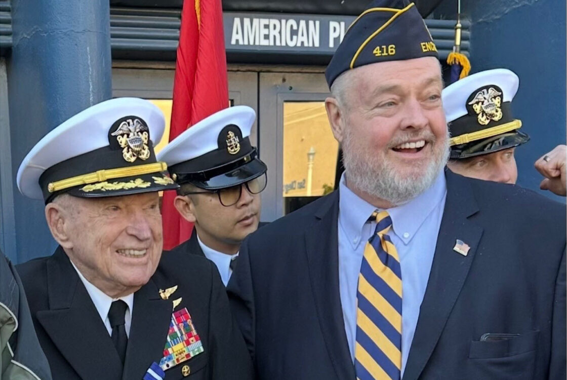 Steve Lewandowski (right) with Royce Williams in 2023 after Williams received the Navy Cross during a ceremony at the Air & Space Museum in San Diego's Balboa Park