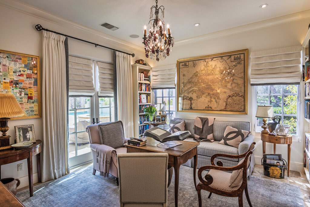 The library is Walker’s favorite room, filled with books and memorabilia from her storied television career. An antique map of Paris adorns the far wall