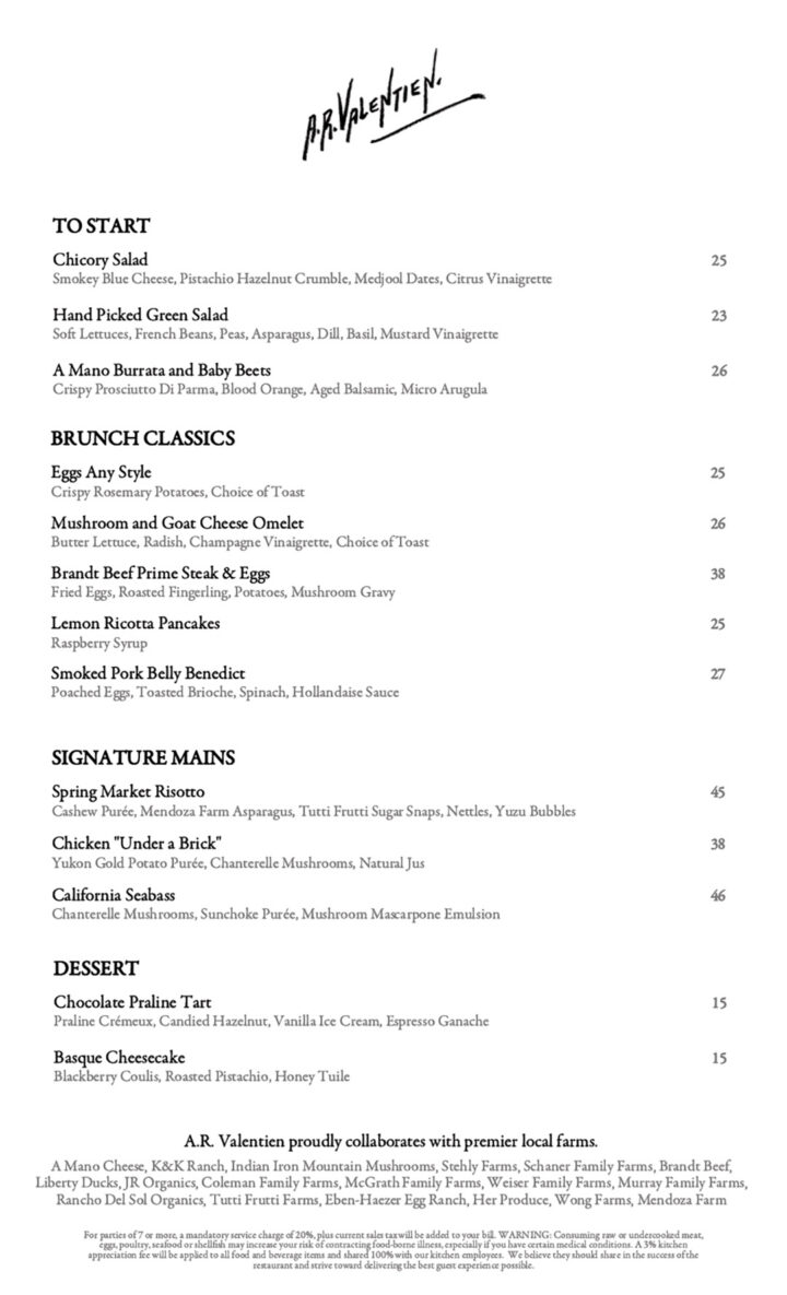 Mother's Day Brunch Menu at A.R. Valentien