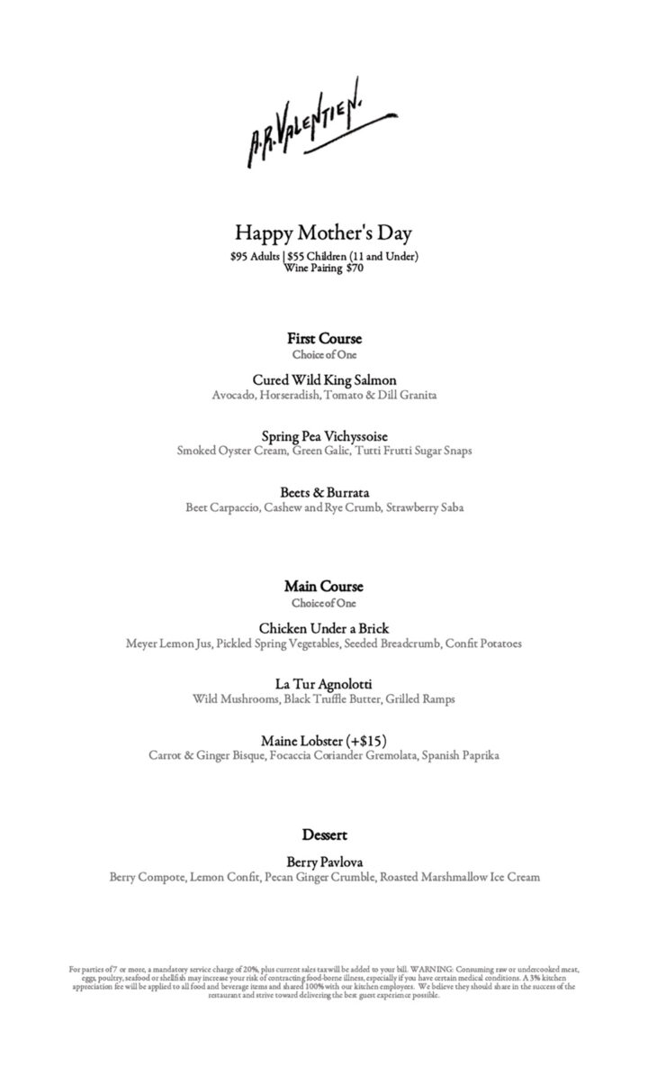 Mother's Day Dinner Menu at A.R. Valentien