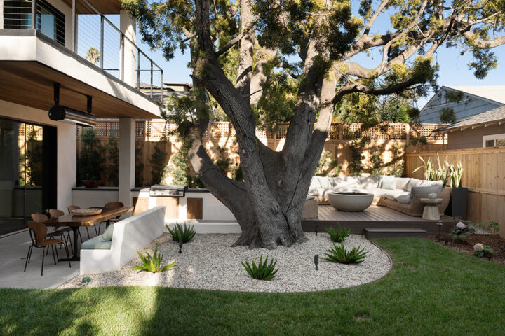 “We wanted the home to feel warm and expressive, a little elevated, but still entirely livable and most importantly, true to her,” says Garrison. Homeowner Liliana Lovell, founder of Coyote Ugly Hospitality Group, fell in love with the La Jolla Village home, in large part drawn to the enormous backyard tree.