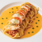 Lilian’s Maine Lobster Spaghetti: Nueske Bacon Lardon, Dashi Cognac Cream, Chive