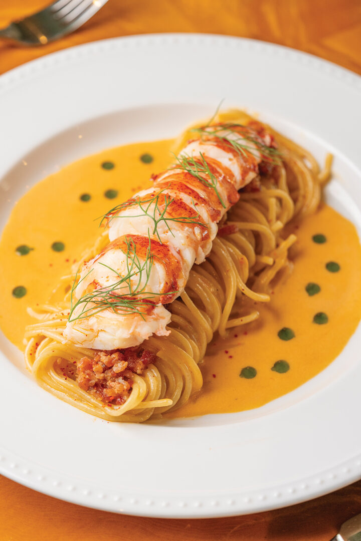 Lilian’s Maine Lobster Spaghetti: Nueske Bacon Lardon, Dashi Cognac Cream, Chive