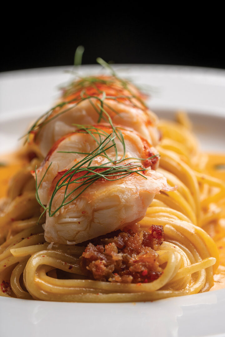 Lilian’s Maine Lobster Spaghetti: Nueske Bacon Lardon, Dashi Cognac Cream, Chive