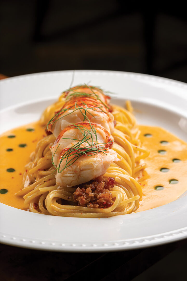 Lilian’s Maine Lobster Spaghetti: Nueske Bacon Lardon, Dashi Cognac Cream, Chive