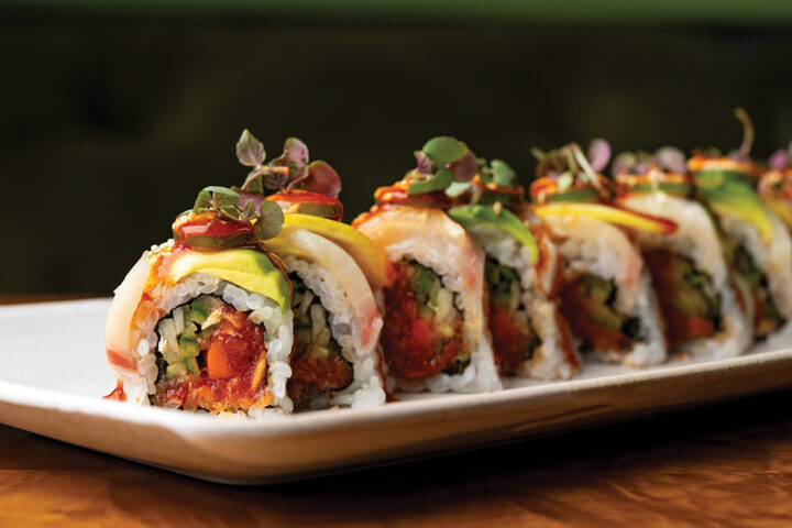 Geisha Roll: Spicy Tuna, Avocado, Serrano, Yamagabo, Crunchy Garlic
