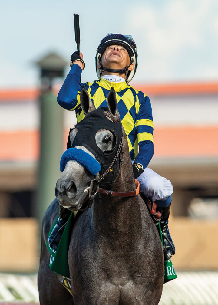 Natalie 'Jill' Baffert's Bottle of Rouge and hall of fame jockey Mike Smith beat favored stablemate Explora (Juan Hernandez up) in the Grade I $300,000 Del Mar Debutante Saturday, September 6, 2025, at Del Mar Thoroughbred Club, Del Mar, CA. Both fillies are trained by Baffert's husband, Bob Baffert. Benoit Photo