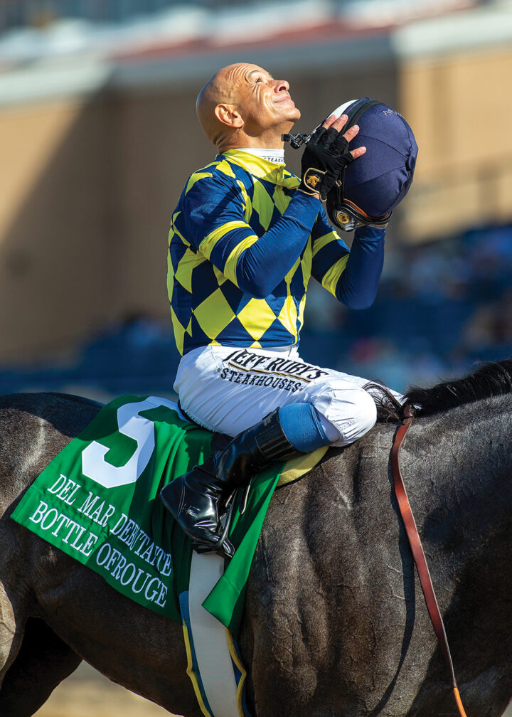 Natalie 'Jill' Baffert's Bottle of Rouge and hall of fame jockey Mike Smith beat favored stablemate Explora (Juan Hernandez up) in the Grade I $300,000 Del Mar Debutante Saturday, September 6, 2025, at Del Mar Thoroughbred Club, Del Mar, CA. Both fillies are trained by Baffert's husband, Bob Baffert. Benoit Photo