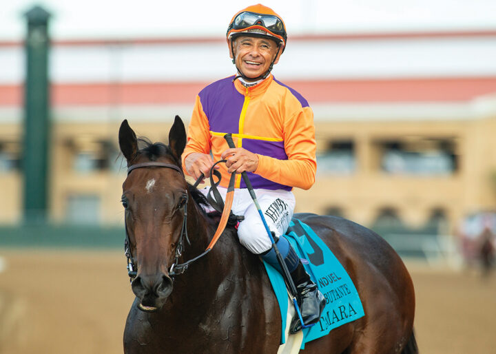 Jockey Mike Smith guides Tamara to the winner's circle after their victory in the Grade I, $300,000 Del Mar Debutante, Saturday, September 9, 2023 at Del Mar Thoroughbred Club, Del Mar CA. © BENOIT PHOTO