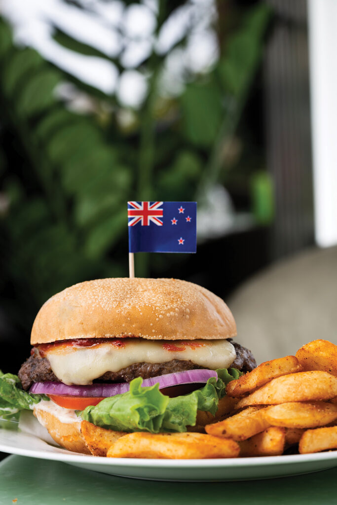 Queenstown Fav Burger: NZ wagyu beef, lettuce, tomato, onion, Edam cheese, garlic aioli, tomato chutney, and a house bun