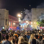 Fireworks add a festive element to the colorful streets of downtown Oaxaca during night parades